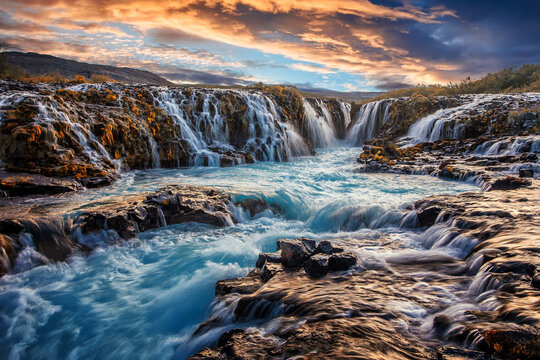 A beautiful river morning with waterfall and sun light. Scenic image of Iceland. Colorful sunset over the Bruarfoss Waterfall with  picturesque sky during sunset. Amazing nature of Iceland