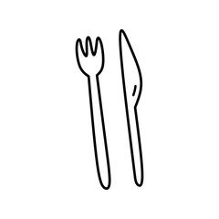 Fork and knife isolated on white background. Cutlery. Vector hand-drawn illustration in doodle style. Perfect for cards; decorations; logo; menu; various designs.