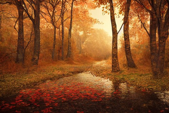 Autumn leaves of the forest road fall into the landscape on an autumn background,  3d render, Raster illustration.
