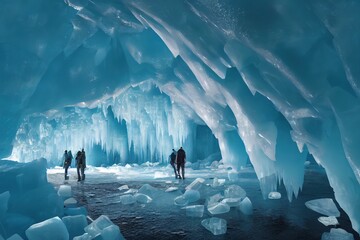 blue ice cave covered with snow and flooded with light, 3d render, Raster illustration.