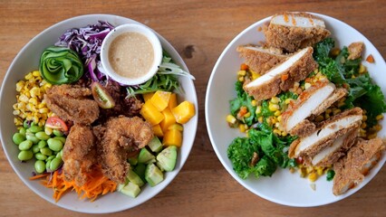 Appetizing dishes with vegetable meat deep fried in breadcrumbs in the form of chicken breast and shrimp are put on a wooden table, the most useful protein products without halestirin.