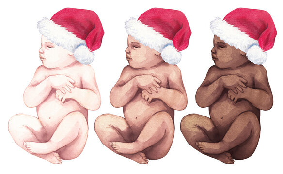 Newborn Baby In Santa Claus Hat. Watercolor Baby Shower PNG, First Christmas Illustration