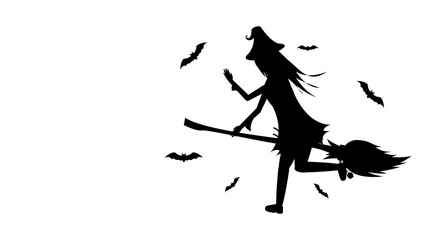 Abstract Black Line Silhouette Halloween Witch On A Broomstick With Bats Vector Icon Nature Design Style Decoration Cartoon Background Isolated
