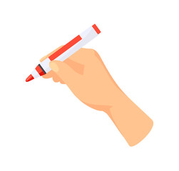 Hand writes with red highlighter. Marker in arm for text or autograph, cartoon vector illustration