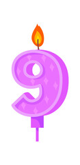 Candle number nine. Event 9 yers, surprise with fire, cartoon vector image