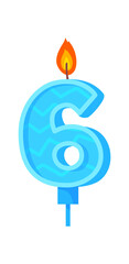Candle number six. Celebration 6 yers with flickering flame, cartoon vector image