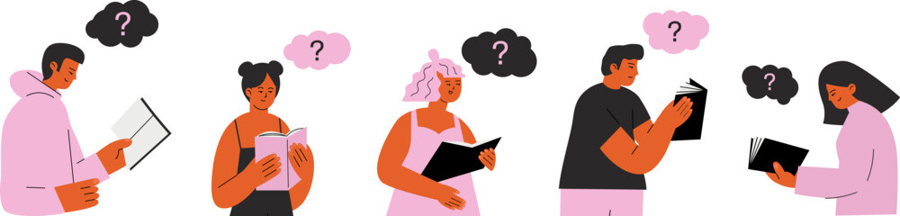Students reading book and looking answers. Young adults men and women hold books. Vector concept of literature and self education flat characters