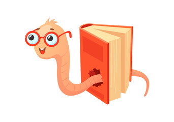 Nerd bookworm. Cartoon worm learning of kid book for student education, vector