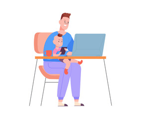 Fototapeta na wymiar Parent working home. Father parenting, tutor freelance job, vector illustration