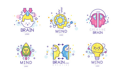 Fototapeta premium Brain and Creative Mind Logo Design with Man Head and Light Bulb Vector Set
