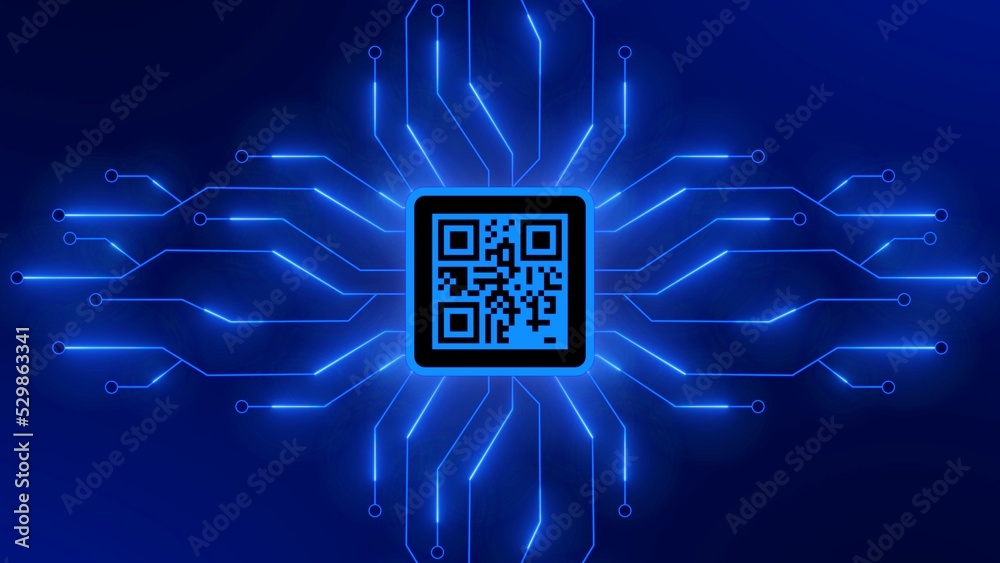 Poster image of qr code between information connecting lines in the middle on futuristic digital circuit te
