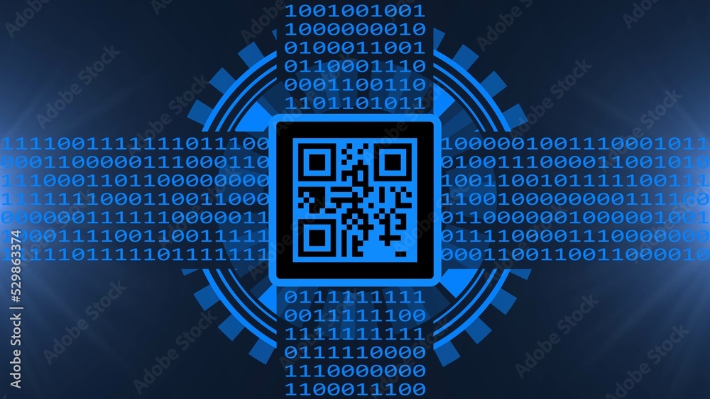 Poster image of qr code in the middle on abstract technology background with various graphic elements on bl
