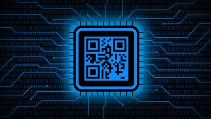 Image of QR code in the middle on abstract background of blurred binary code behind information connecting lines - 3D illustration