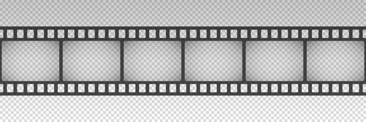 Film strip pattern. Repeated black filmstrip on transparent background. Element for design old video film format. Repeating clipping reel movie. Photo frame tape. Roll camera. Vector illustration