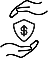 Support and gift signs. Minimalistic isolated vector image for web sites, shops, stores, adverts. Editable stroke. Vector line icon of dollar inside of shield between outstretched hands