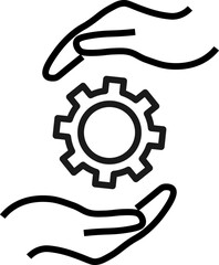 Support and gift signs. Minimalistic isolated vector image for web sites, shops, stores, adverts. Editable stroke. Vector line icon of gear or cogwheel between outstretched hands