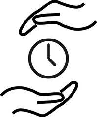 Support and gift signs. Minimalistic isolated vector image for web sites, shops, stores, adverts. Editable stroke. Vector line icon of clock between outstretched hands