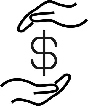 Support and gift signs. Minimalistic isolated vector image for web sites, shops, stores, adverts. Editable stroke. Vector line icon of dollar between outstretched hands