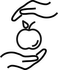 Support and gift signs. Minimalistic isolated vector image for web sites, shops, stores, adverts. Editable stroke. Vector line icon of apple between outstretched hands