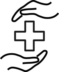 Support and gift signs. Minimalistic isolated vector image for web sites, shops, stores, adverts. Editable stroke. Vector line icon of medical cross between outstretched hands
