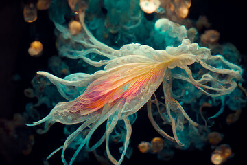 Obraz premium abstract organic form glowing neon color tecture light jelly fish under deep dark water,3d render.background.