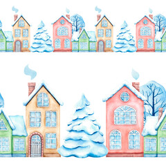 Fototapeta premium A seamless horizontal pattern with winter houses, fir trees, and a tree covered with snow. Painted in watercolor by hand, isolated on a white background. Design for children's fabric, packaging.