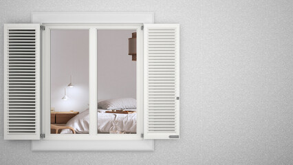 Exterior plaster wall with white window with shutters, showing interior japandi bedroom, blank background with copy space, architecture design concept idea, mockup template