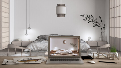 Architect designer desktop concept, laptop on wooden work desk with screen showing interior design project, modern japandi bedroom with bed