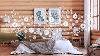 Woman wearing a smart watch, arm, wrist, geometric background with connected line and dots showing internet of things system, home automation concept over log cabin bedroom