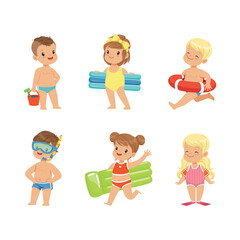 Little Children at Seaside Enjoying Summer Beach Vacation Wearing Swimwear Vector Set