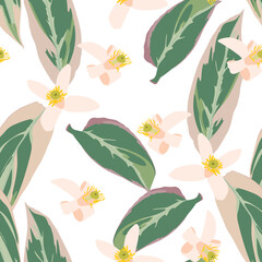 Seamless floral pattern with tropical flowers with exotic pink leaves on white background. Template design for textiles, interior, clothes, wallpaper. Botanical art. 