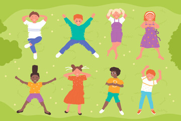 Happy cute children lying on grass in park or garden, top view vector illustration. Cartoon school funny friends characters play on summer or spring day background. Friendship, childhood concept