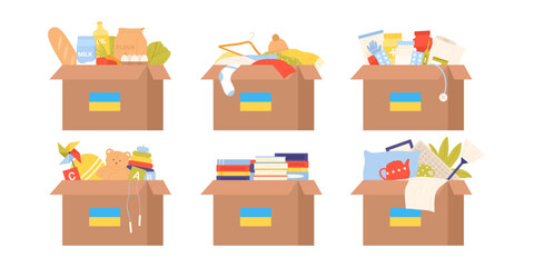 Cardboard boxes set with humanitarian aid for Ukrainian people vector illustration. Cartoon isolated charity boxes with Ukrainian flag full of food and medicines, books and toys for kids, clothes