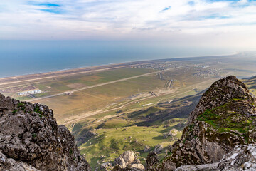 Beautiful view from Beshbarmak rock massif to the Caspian sea. Azerbaijan.
