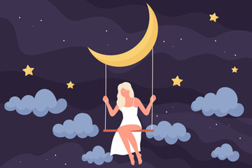 Girl sitting on swing hanging from moon at night vector illustration. Cartoon young woman flying in sleep amongst stars of cosmos and silhouettes of clouds. Sweet dream, meditation, bedtime concept - obrazy, fototapety, plakaty