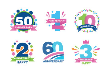 Anniversary Happy Holiday and Festive Celebration Emblem with Number and Ribbon Vector Set