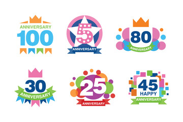 Anniversary Happy Holiday and Festive Celebration Emblem with Number and Ribbon Vector Set