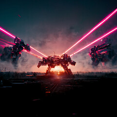 mech in the city firing synthwave