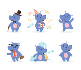 Fototapeta premium Cute Hippo Character with Stocky Body Engaged in Different Activity Vector Set