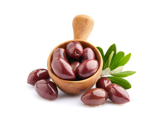 Kalamata olives with leaves in wooden spoon on white background
