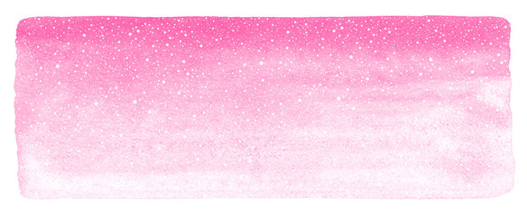 Pink winter watercolor long gradient background with falling snow splashes texture. Horizontal watercolour stains. Christmas, New Year hand drawn text frame, elongated template with artistic edges.
