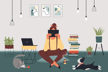 Student sitting on pillow on floor with paper open book to read and study vector illustration. Cartoon girl learn in cozy home apartment, funny pets play background. Knowledge, lifestyle concept