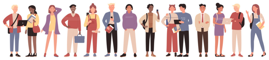 Diverse group of school, college or university students set vector illustration. Cartoon girls and boys standing in row, young people holding books, laptop, backpack isolated white. Community concept