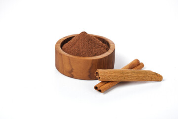 cinnamon sticks powders  isolated on white background