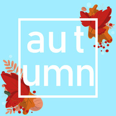 the poster is blue with the inscription autumn with leaves