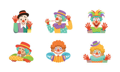 Funny Clown with Makeup-face and Flamboyant Costume Performing Comedy Vector Set