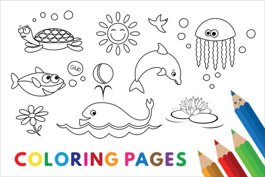 Sea animals coloring book. Vector coloring book pages for children education