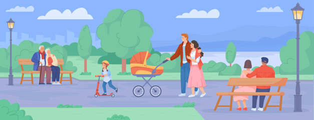 Family pram in park. Father mother walk with stroller baby, joyful parents walking pram leisure babies carriage, mom and dad holiday together cityscape, swanky vector illustration