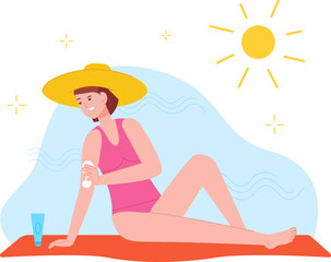 Girl applying sunscreen. Beautiful woman use sunblock skin protection cream on hand body face or legs, moisturise solar tan spf lotion sun burn summer sea beach vector illustration