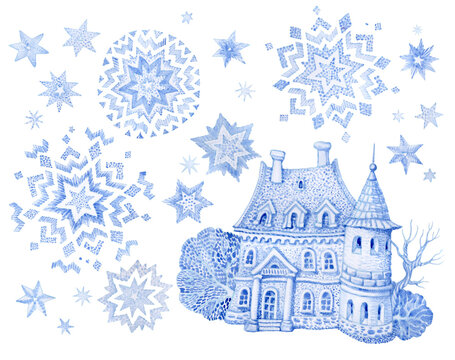 Fantasy building with Christmas star and snowflakes. Hand painted blue watercolor fairy tale old town house isolated on transparent background